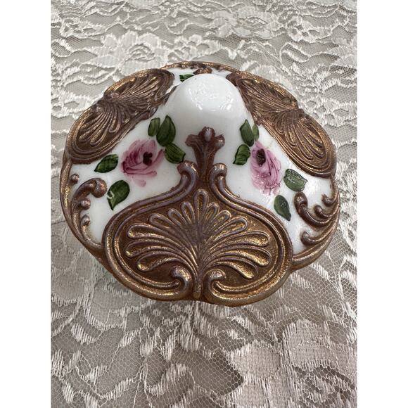 Vintage Trinket Hollywood GOLD GILT Floral Fleur Covered Vanity Bowl Handpaint - Picture 2 of 10